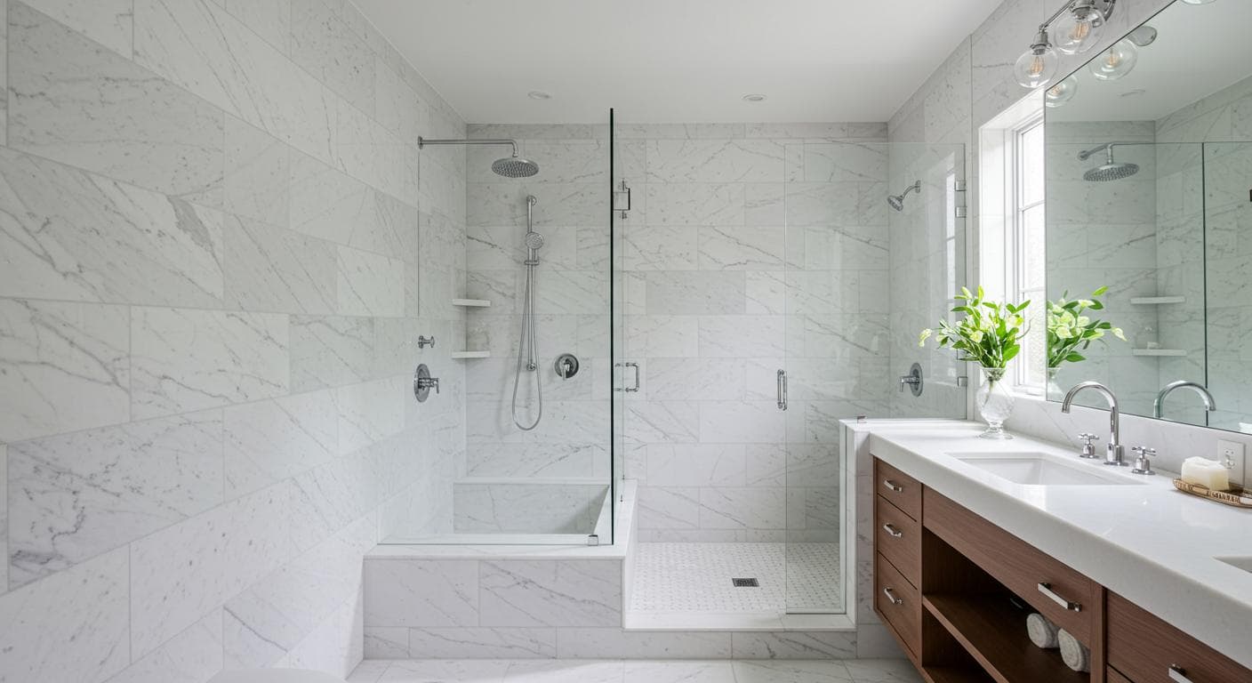 bathroom remodel, marble tile walk in shower beside a double sink wood vanity