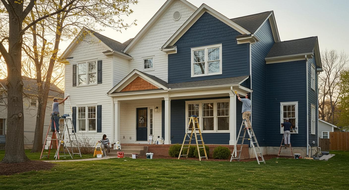 exterior painting, painters on ladders painting a navy and white two story house