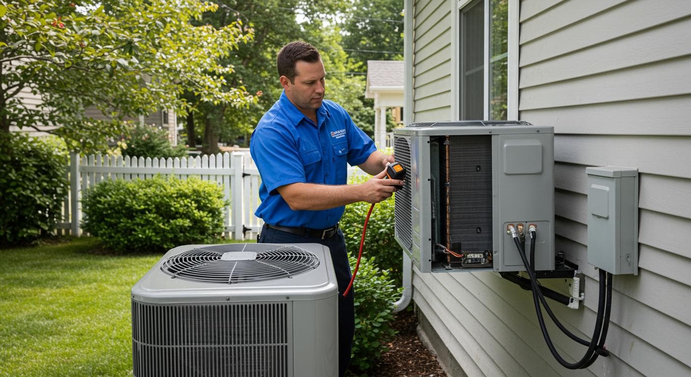 ac repair, technician testing an outdoor condenser with a gauge