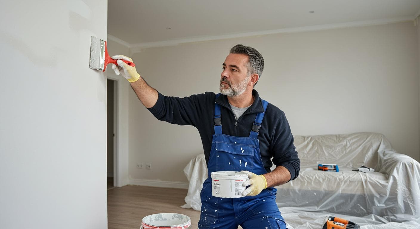 interior painting, brush cutting in corner trim beside a paint bucket