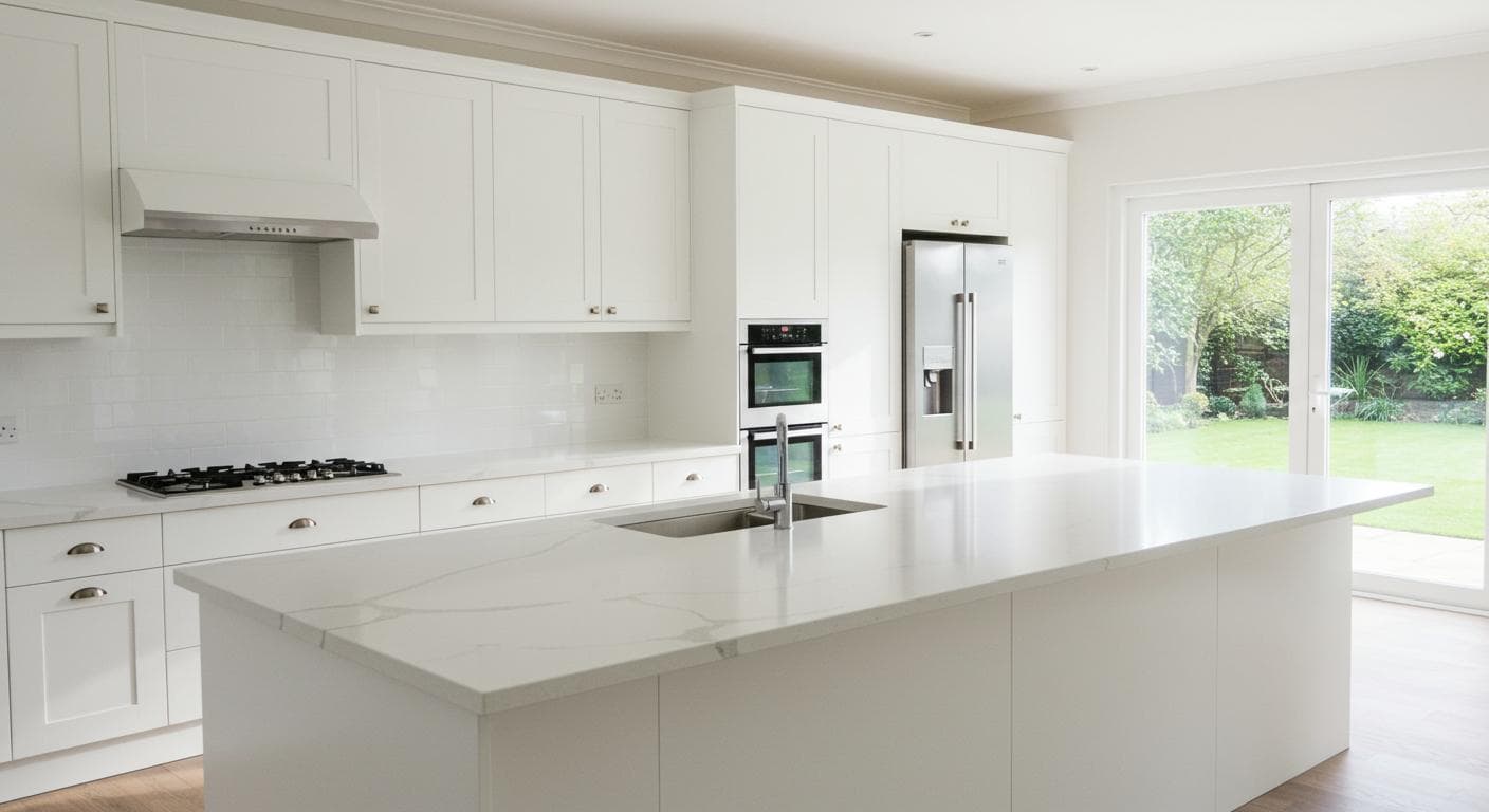 kitchen remodel, white shaker cabinets with a quartz island