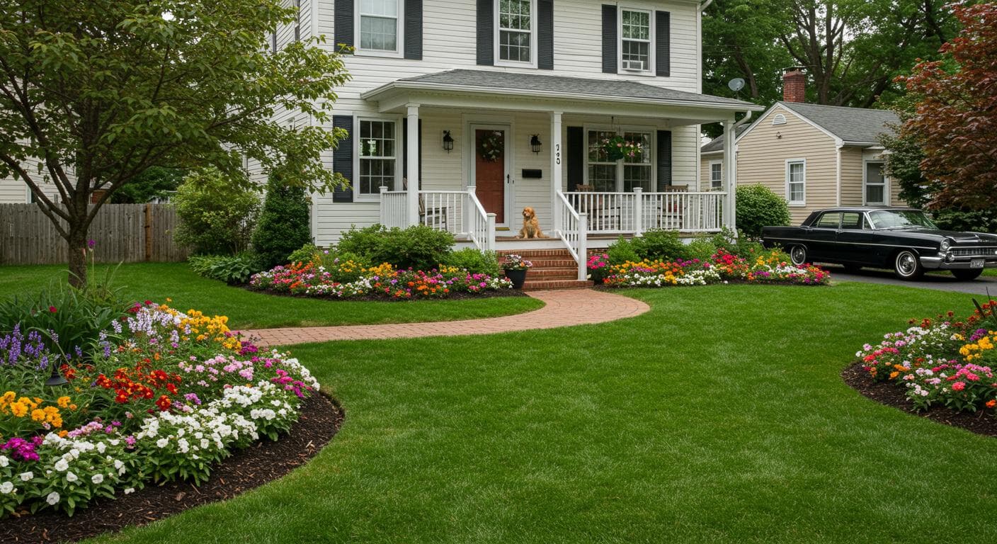 landscaping, curved flower beds along a brick walkway to the porch