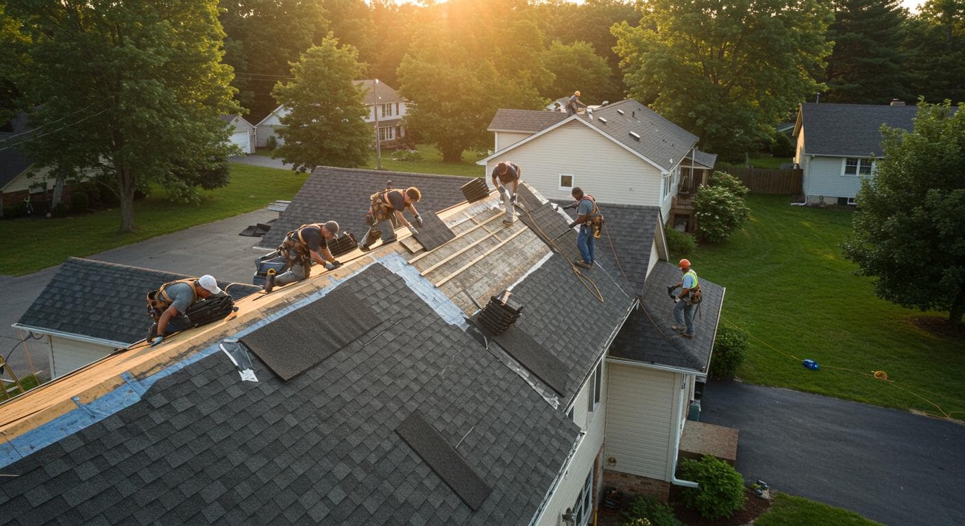 roof replacement, gray asphalt shingle roof on a white two story house